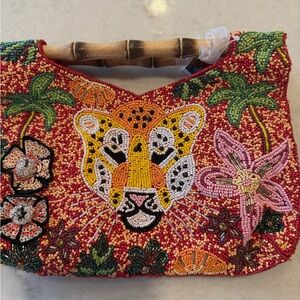 TIGER SAFARI BEADED CLUTCH WITH BAMBOO HANDLES!! Spectacular!!!!!